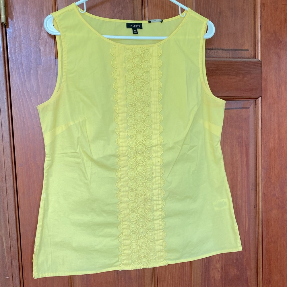 Talbots yellow sleeveless blouse with embroidery